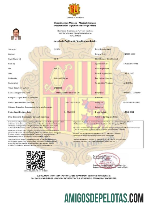 em branco Visto Andorra E em modelo Word e PDF